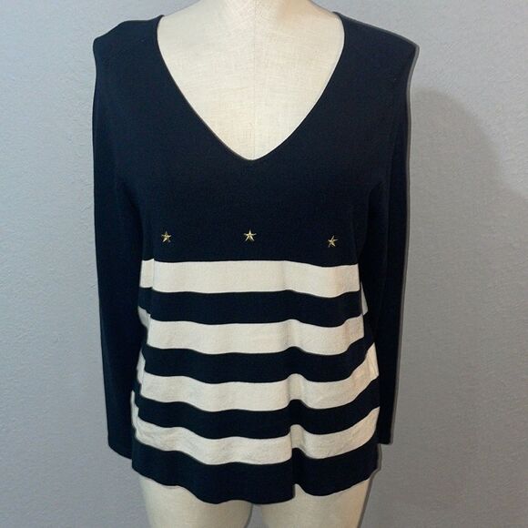 Rafaella Vintage NWT Womens Striped V-Neck Silk Knit Top size XL Star Embroidery - Picture 1 of 7
